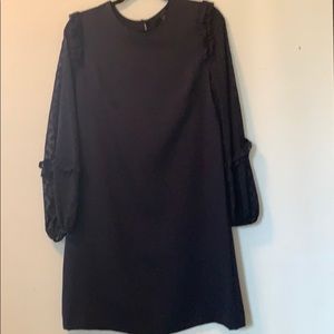 Ann Taylor navy shift dress, sheer dot sleeves